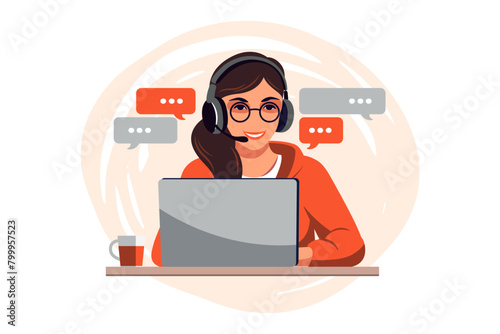Customer service concept. Woman with headphones and microphone with laptop. Support, assistance, call center. Vector illustration. Flat style