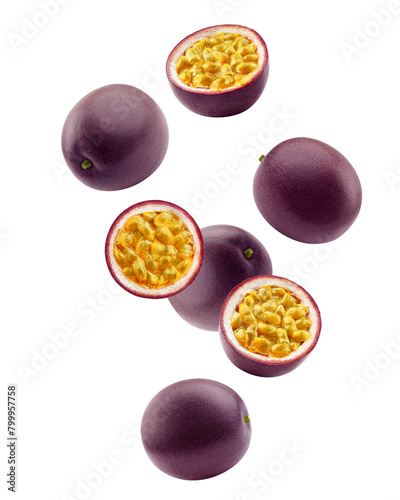 Falling Passionfruit isolated on white background, full depth of field photo