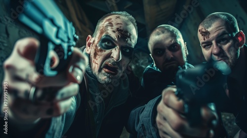 Three intense men with dramatic face paint aiming guns directly at the viewer in a dark setting.