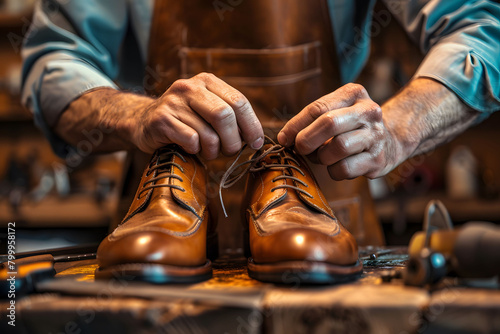 A skilled craftsman meticulously handcrafts a pair of elegant leather shoes in a traditional workshop photo
