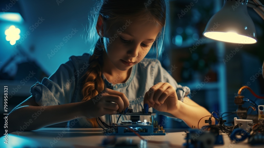 Naklejka premium Young girl focused on assembling an electronic circuit in a dimly lit room.