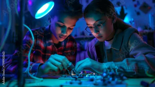 Two young girls engrossed in assembling electronic components, illuminated by colorful neon lights.