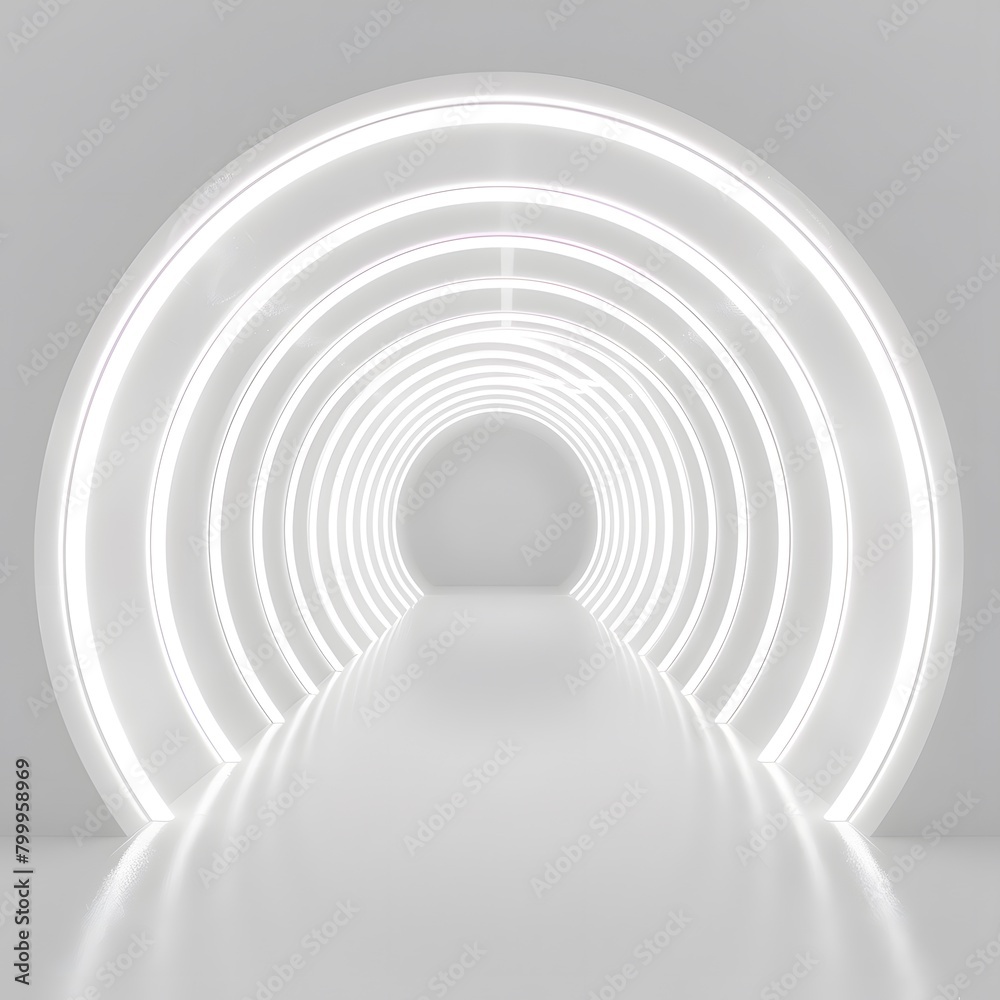 Fototapeta premium Abstract white background with glowing neon light tunnel and empty space for product presentation