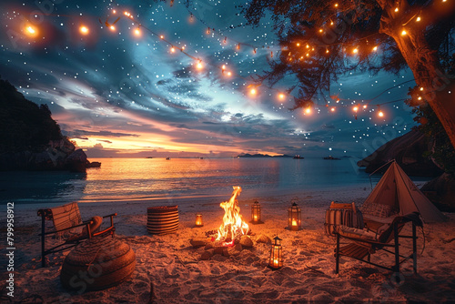 A cozy campfire on the beach, with friends gathered around under a starry night sky.