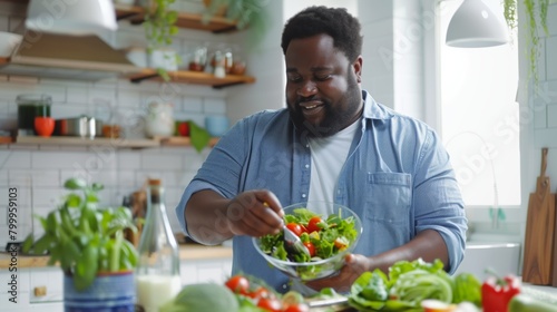 Cheerful Black man tossing a fresh vegetable salad in a modern kitchen setting. photo