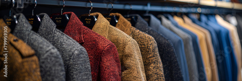 Mens Coats Hanging in a Retail Store, Stylish wool jackets on a hanger 