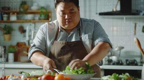 Fat Asian chef skillfully prepares a vegetable dish in a well-equipped modern kitchen. photo