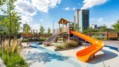 Modern urban rooftop playground with slides, climbing structures, and interactive water features.