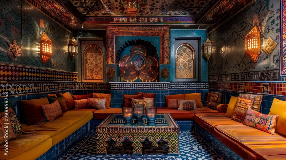 Obraz premium Moroccan-inspired interiors with vibrant colors, intricate tilework, and plush seating.