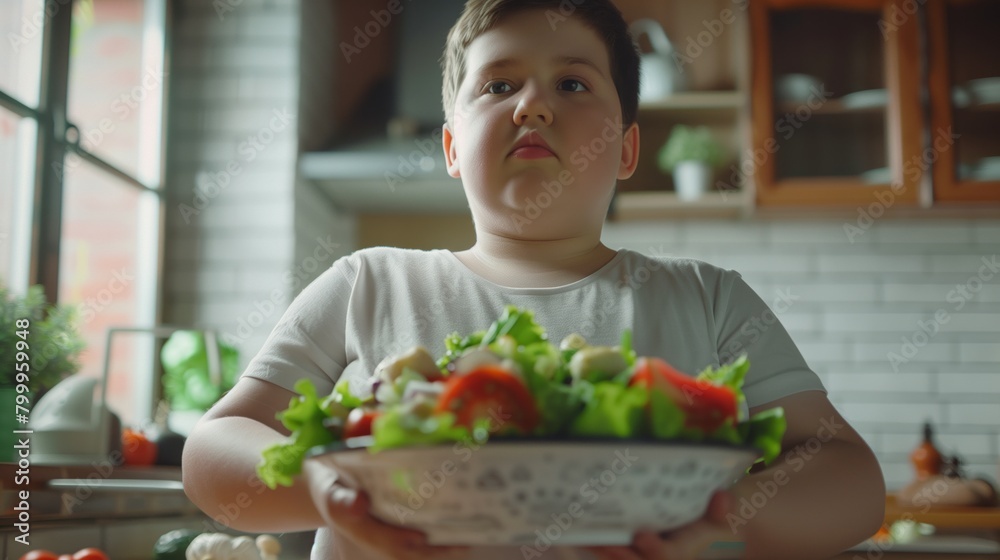 Young chubby boy holding a bowl of fresh salad in a modern kitchen setting.