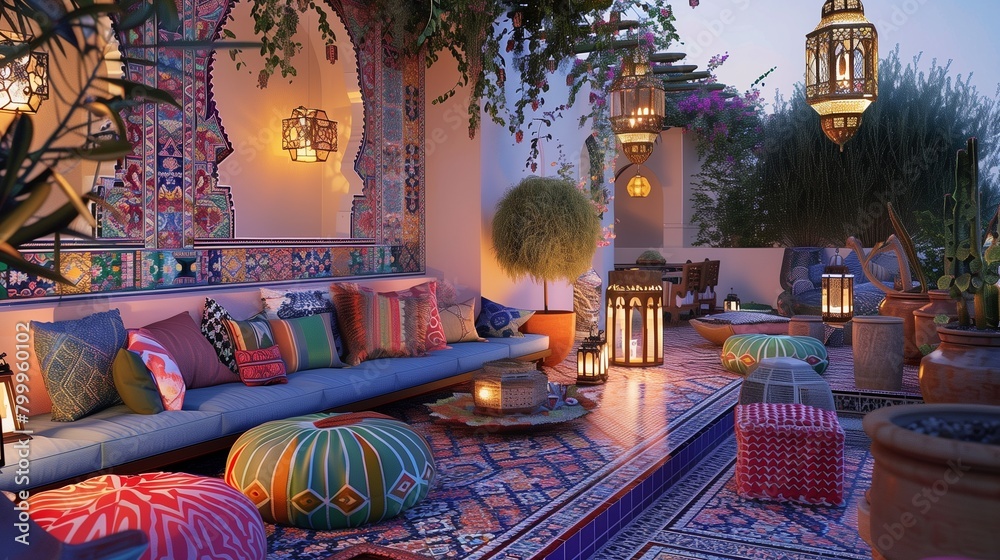 Moroccan-inspired rooftop terrace with mosaic tile flooring, colorful cushions, and lantern lighting.