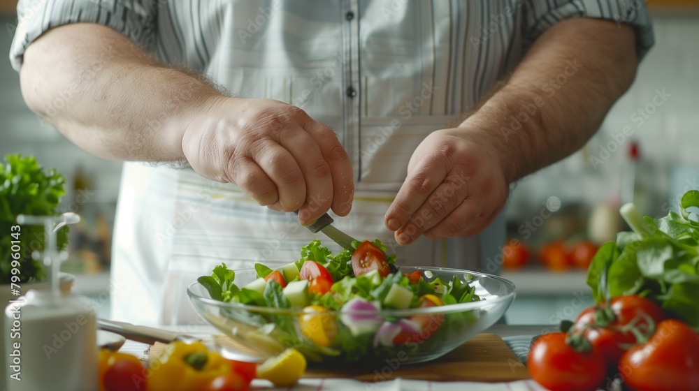 Close-up of a man preparing a fresh vegetable salad in a kitchen environment.