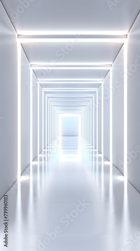 Abstract white background with glowing neon light tunnel and empty space for product presentation