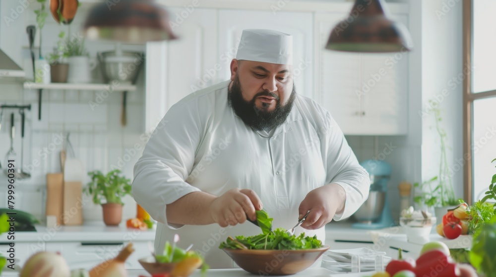 A focused fat chef garnishes a salad in a bright kitchen filled with fresh vegetables and cooking tools. A focused fat chef garnishes a salad in a bright kitchen filled with fresh vegetables and cooking tools.