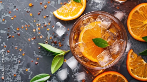 Glass of cola with ice cubes and orange slices on dark background