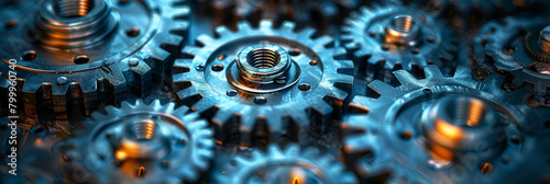  A background filled with gears and cogs working, Background with Many Business Machinery Wheels and Cogs extreme closeup