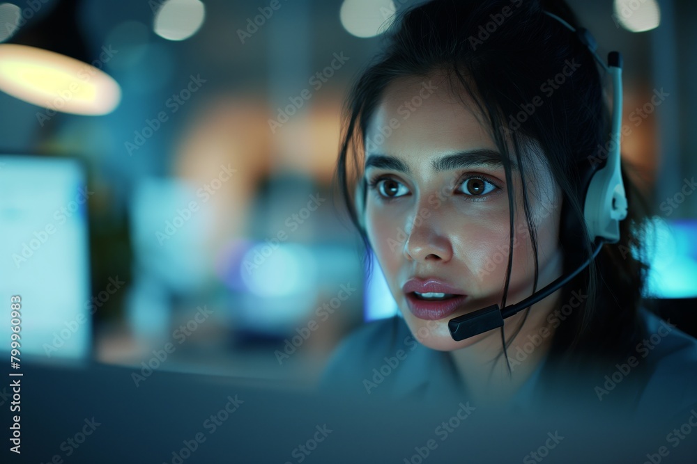 Young woman with headset in blue light Young woman with headset in blue light