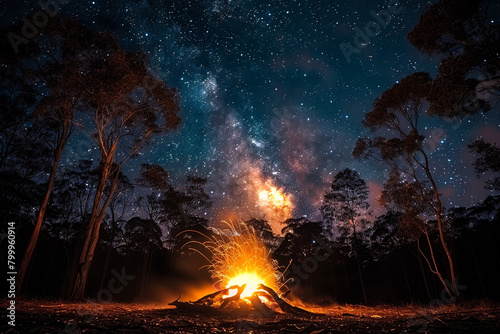 A crackling campfire under a starlit sky, casting flickering shadows on the surrounding trees.