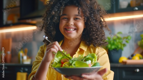 Happy young girl with curly hair eating fresh salad in a modern kitchen setting.