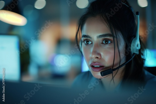 Young woman with headset in blue light