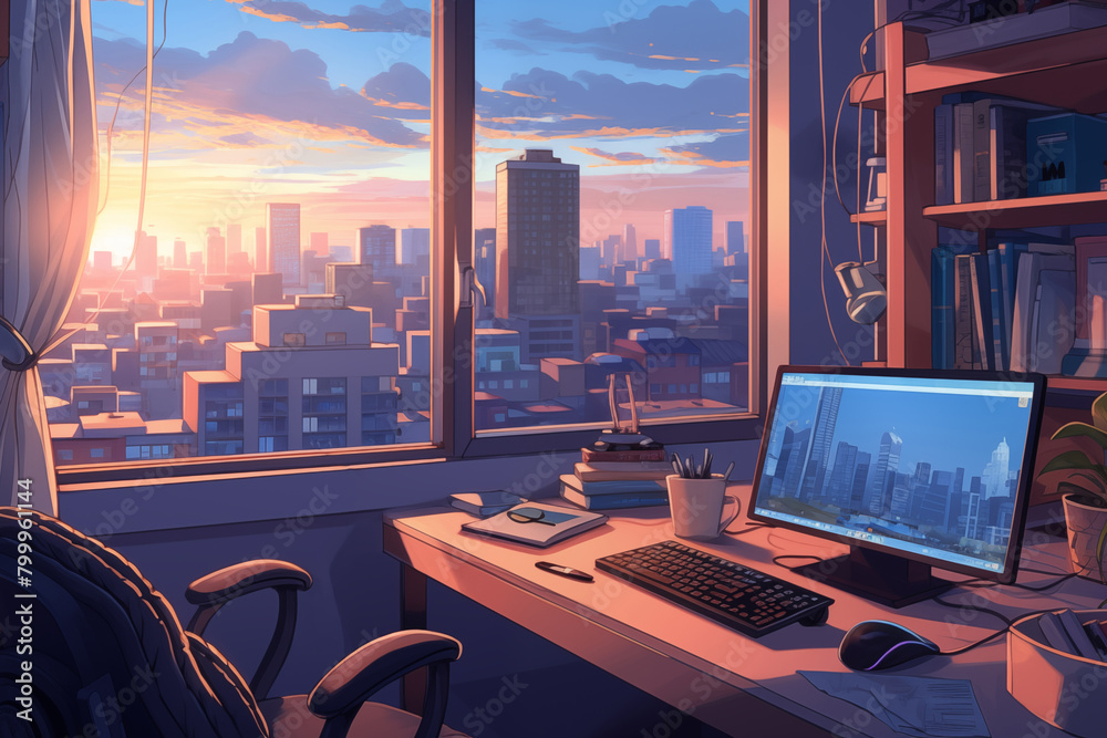 Computer desk beside window with city and sunset sky. Anime illustration Computer desk beside window with city and sunset sky. Anime illustration