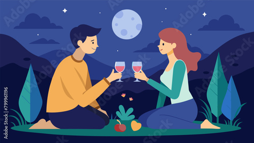 The intimacy of a moonlit picnic champagne glasses in hand as a couple locks eyes and shares their deepest thoughts under the night sky.. Vector illustration