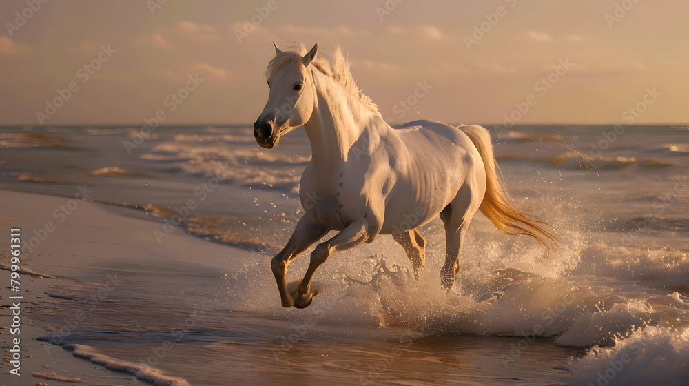 A white wild horse galloping on the beach A white wild horse galloping on the beach
