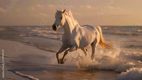 A white wild horse galloping on the beach © john
