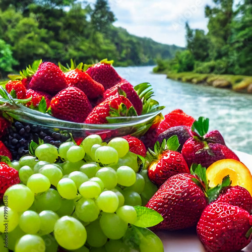 summer fruits and river