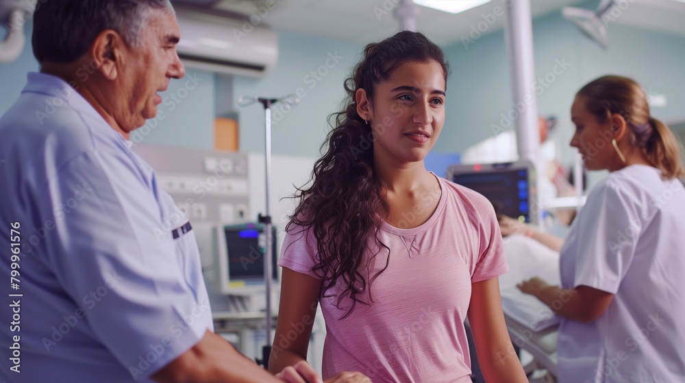 A young woman in a pink shirt talking with an older male doctor in a busy hospital room. A young woman in a pink shirt talking with an older male doctor in a busy hospital room.