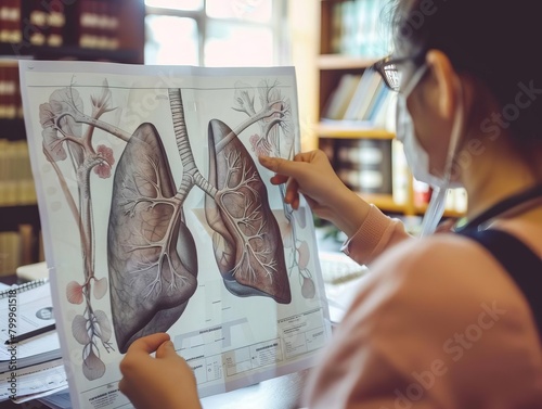 Medical student studying anatomical charts of lungs, library setting, soft overhead light, close view photo