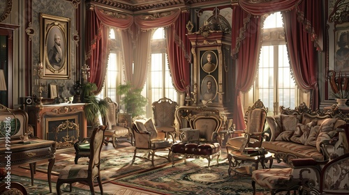 Victorian elegance with ornate furniture, rich fabrics, and intricate details. © Sana