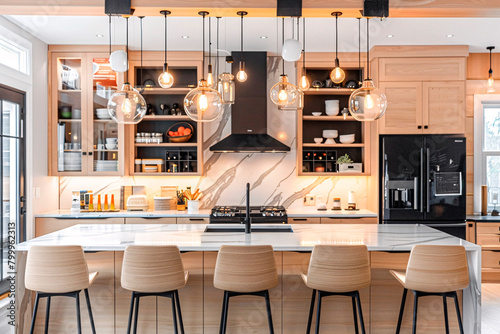 A contemporary kitchen space with bold lighting fixtures and a homely decoration setup, featured in high-quality interior photography ideal for deco enthusiasts