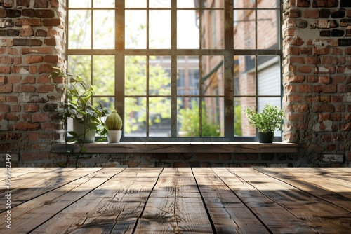 Blurred Window Background. Apartment Interior Design with Clean Wooden Table and Bokeh Effect