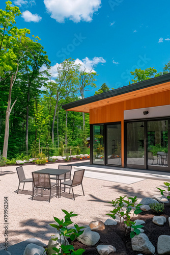 This inviting exterior shot showcases a modern home with outdoor furniture set amidst lush greenery, perfect for decoration and interior photography