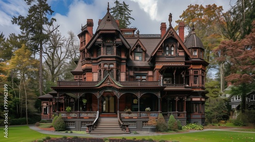 Victorian Gothic revival with intricate woodwork, stained glass, and dramatic colors.