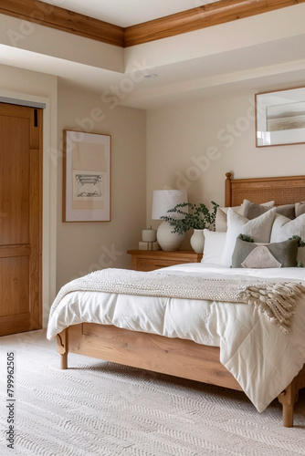 This cozy bedroom showcases beautiful wooden furniture and accessorized with calming decorations, illustrating concepts of interior photography, deco, and home comfort photo