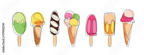 Ice cream continuous line drawing with colored elements. Dessert gelato in simple style. Different type ice cream summer set. Hand drawn minimalist style vector illustration