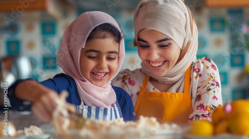 A joyful mother and her young daughter baking together in a kitchen, both wearing hijabs.