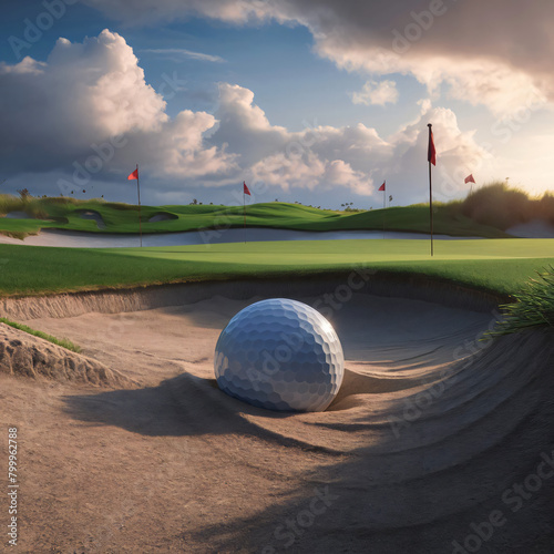 a golf ball partially buried in the sand of a bunker adjacent to the green photo
