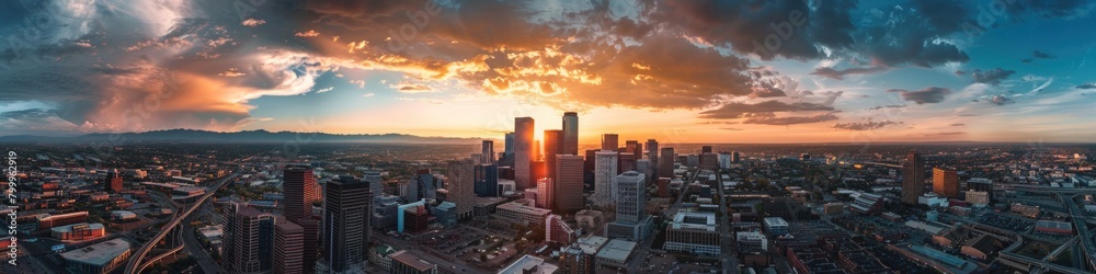 City Sunset - Aerial View of Modern Metropolis District in Denver Colorado
