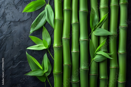 Green Bamboo Stalks and Leaves on Dark Textured Background