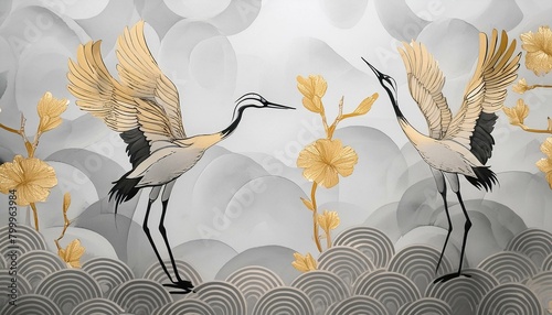 Harmony in Flight: Crane Silhouettes and Geometric Florals on a Watercolor Landscape