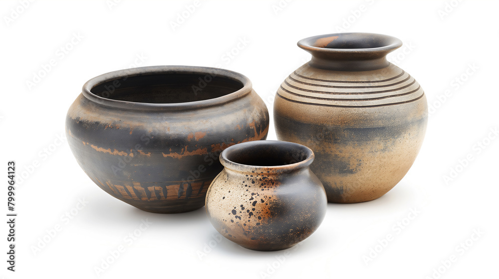 Three earthenware pots with rustic textures and patterns, isolated on a white background, showcasing traditional pottery craftsmanship.