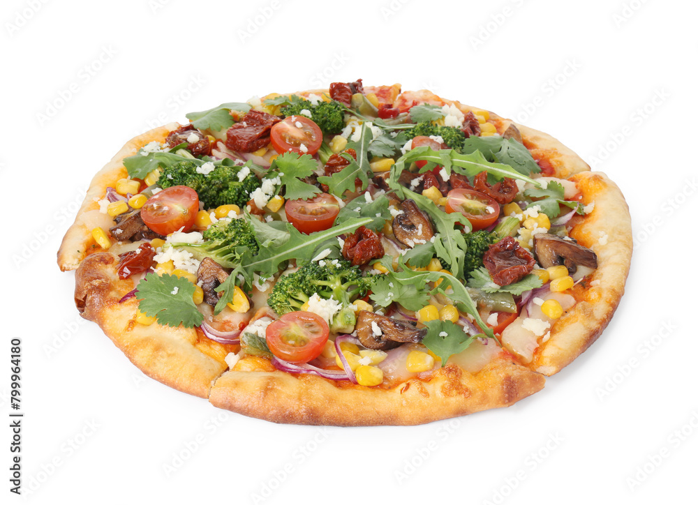 Delicious vegetarian pizza with cheese, mushrooms, vegetables and greens isolated on white