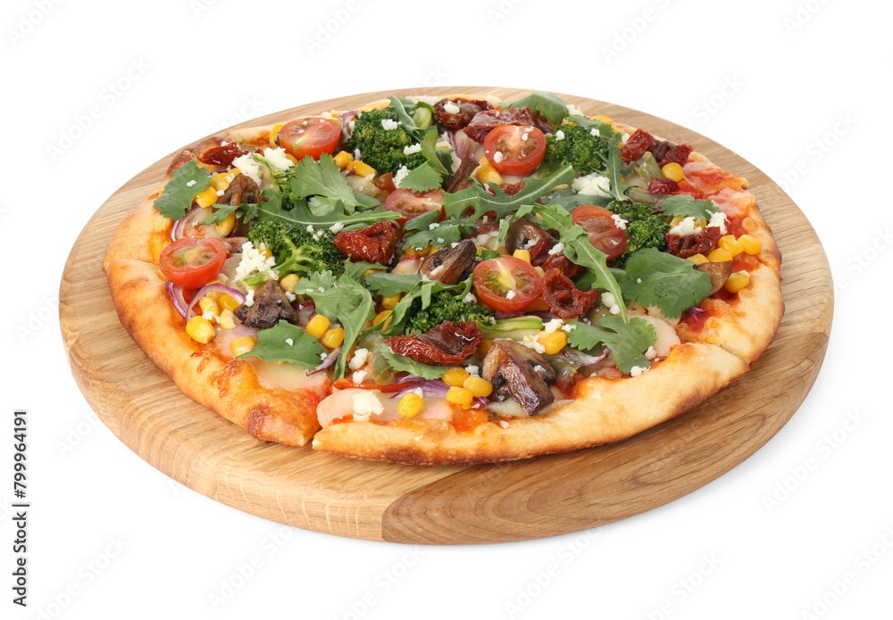 Delicious vegetarian pizza with cheese, mushrooms, vegetables and greens isolated on white Delicious vegetarian pizza with cheese, mushrooms, vegetables and greens isolated on white
