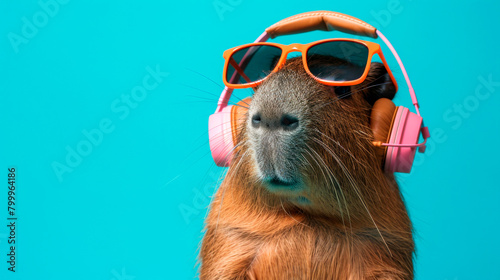 Portrait of a happy cool capybara in sunglasses and pink headphones on an isolated blue background. photo