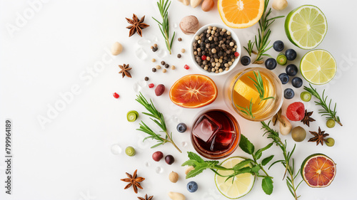 Top-down view of assorted fruits, herbs, spices, and drinks on a white background, suggesting fresh ingredients.