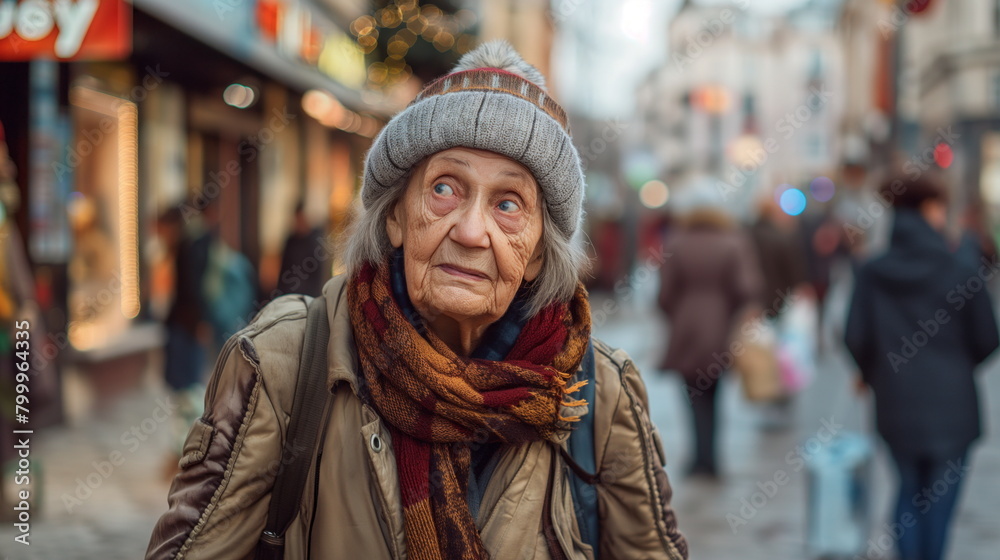 80 year old homeless woman, in old clothes, walking through the streets