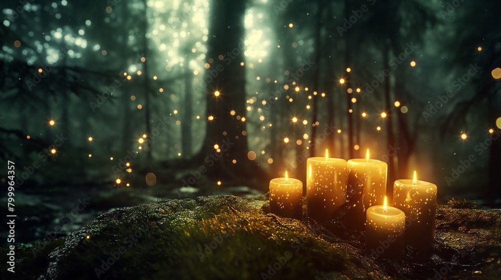 Beautiful candle grouping with a magical backdrop in forest